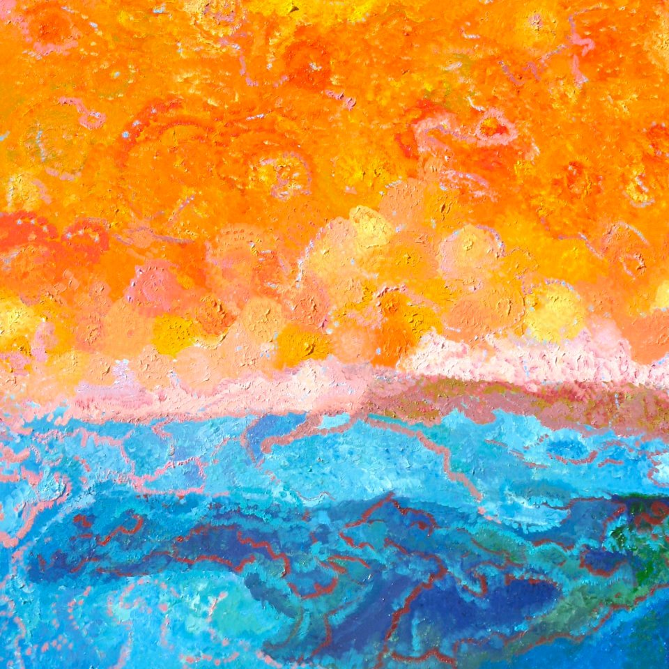 Different changes one can see while looking into the Ocean.  Color, texture, and imagination are conpiled in this painting.